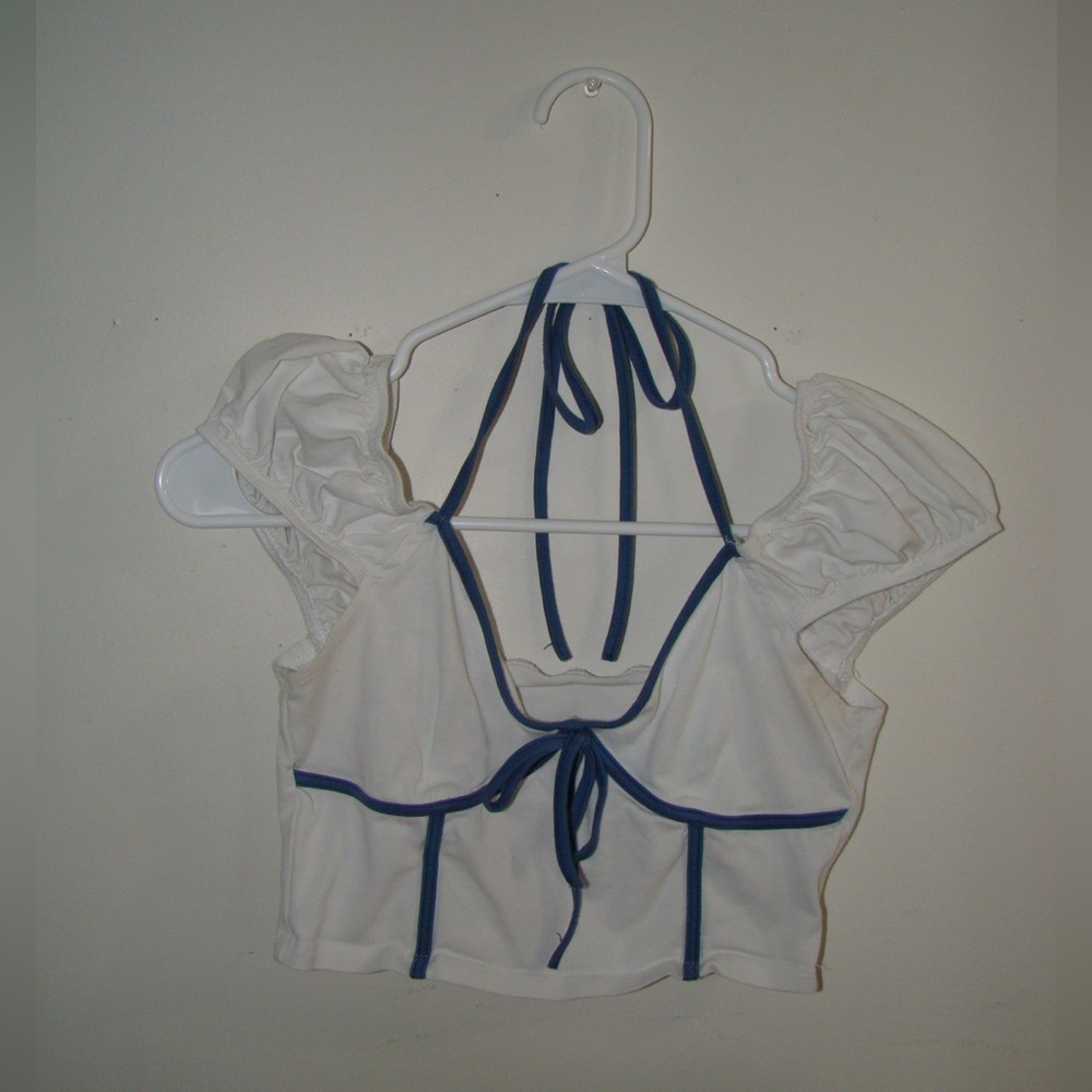 adorable blue and white crop top with tie halter look